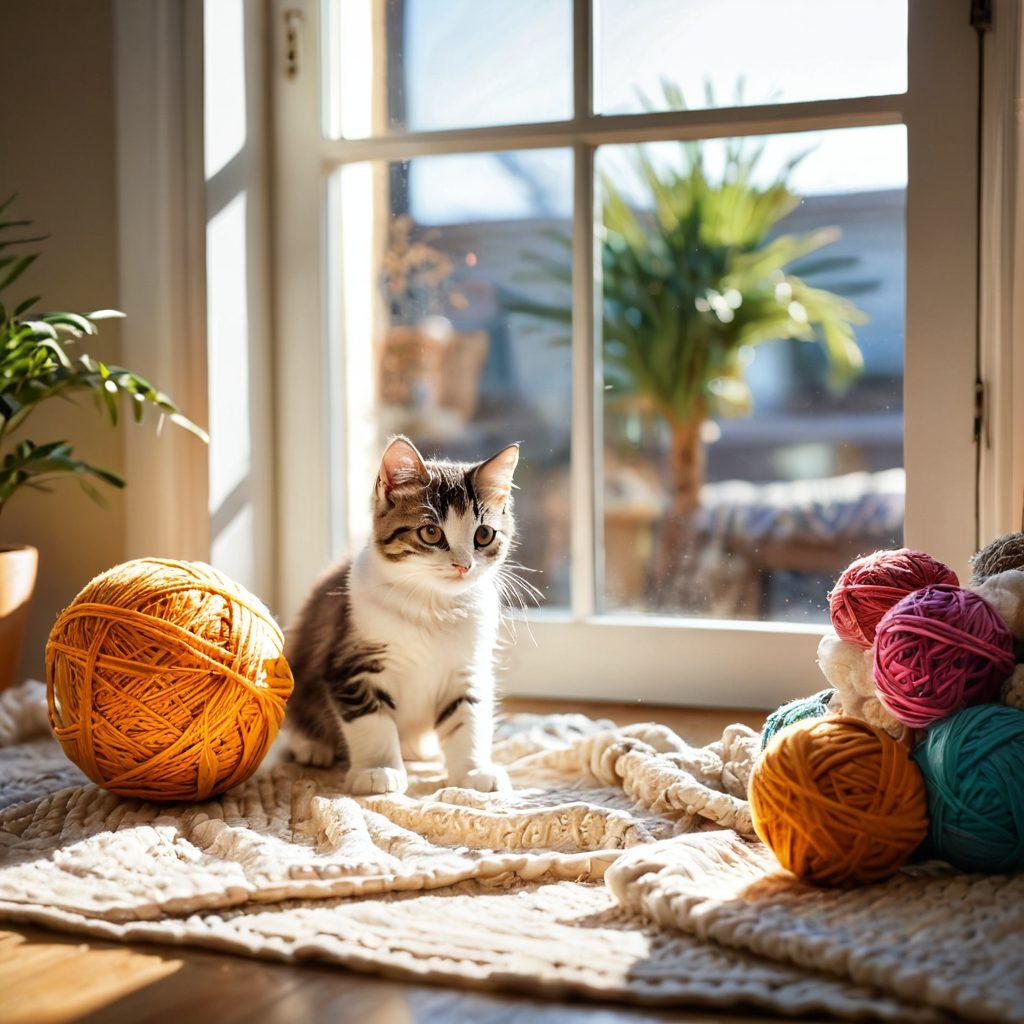 A cozy indoor scene featuring a playful kitten chasing a yarn ball, surrounded by soft blankets and cat toys. Include a colorful scratching post and a sunbeam streaming through a window, casting warm light over the adorable feline. Capture the essence of joy and comfort in cat care. soft focus. vibrant colors. warm lighting.