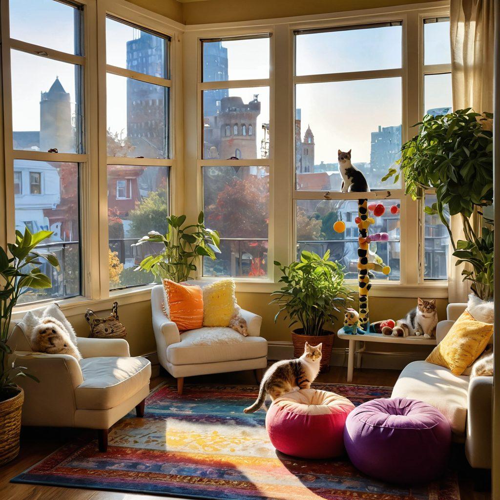 A cozy living room filled with playful kittens exploring colorful toys, with a warm sunbeam shining through a window, plants in the corners, and a comfy cat tower. Whimsical details like paw prints and soft cushions enhance the playful atmosphere. super-realistic. vibrant colors. warm lighting.