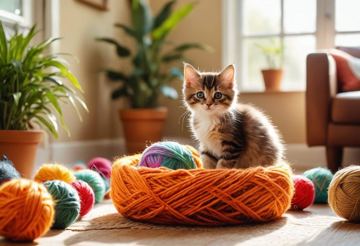 A playful scene featuring a fluffy kitten batting at a colorful ball of yarn in a sunny living room filled with vibrant toys and plants. The foreground includes a small, cozy cat bed and a playful kitten in mid-pounce, capturing the spirit of joy and energy. Soft rays of sunlight create a warm atmosphere, highlighting the kitten's fur and the textures of the room. super-realistic. vibrant colors. warm lighting.